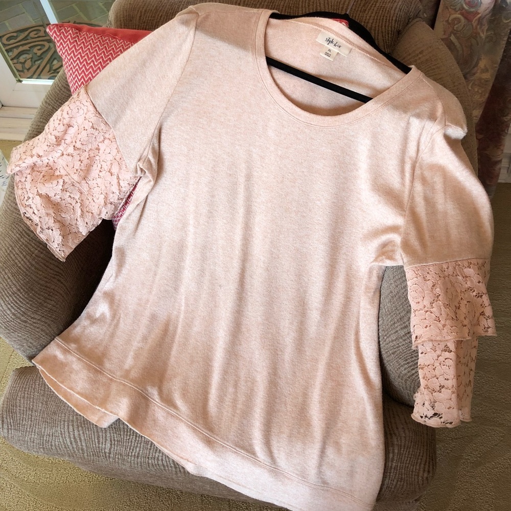 Salmon Pink Lace Ruffle Sleeve Top